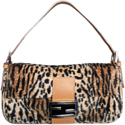 Vintage Fendi Fuzzy Leopard Print Shoulder Baguette Bag in Tan | NITRYL