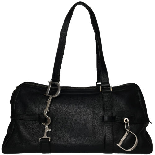 Vintage Dior Leather Shoulder Bag in Black with Silver Spellout Strap | NITRYL