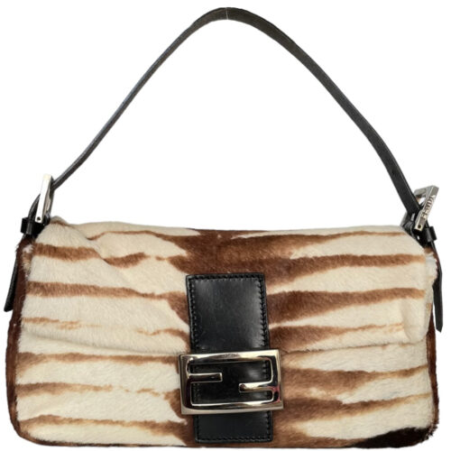 Vintage Fendi Ponyskin-style Calfskin Striped Shoulder Baguette Bag in Brown | NITRYL