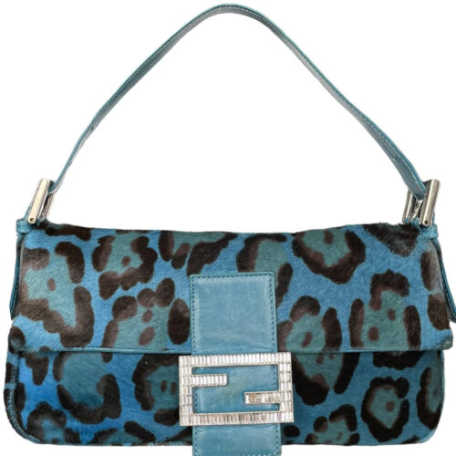 Vintage Fendi Leopard Print Ponyskin-style Calfskin Shoulder Baguette Bag in Blue / Green with Crystal Encrusted Hardware | NITRYL