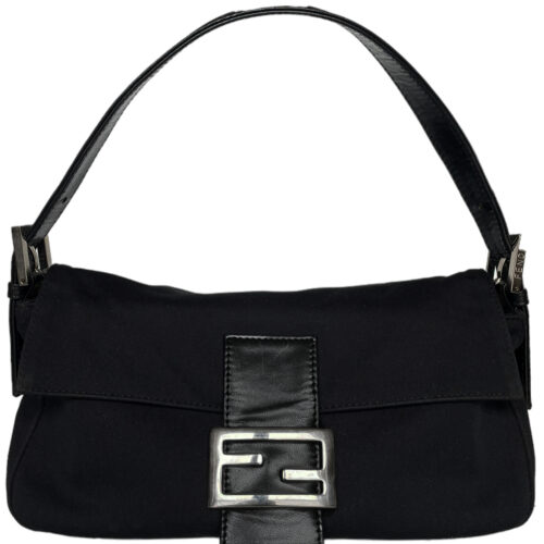 Vintage Fendi Silk Classic Shoulder Baguette Bag in Black / Silver | NITRYL
