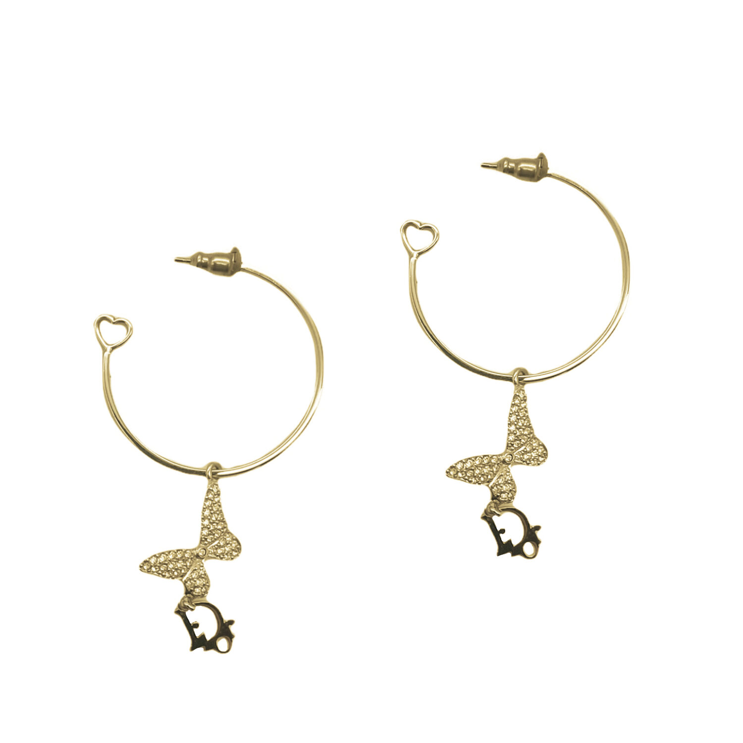 Vintage Dior Diamante Butterfly Logo Hoop Earrings in Gold | NITRYL