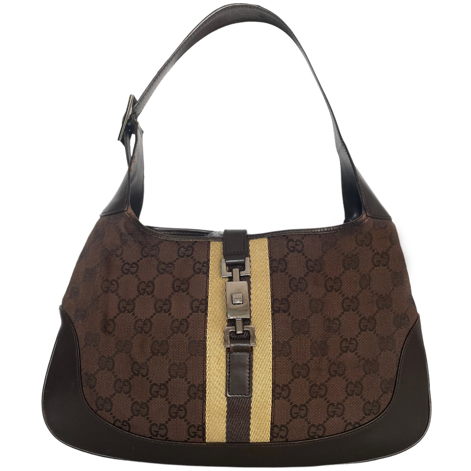 Vintage Gucci Monogram Stripe Jackie Shoulder Bag in Brown | NITRYL