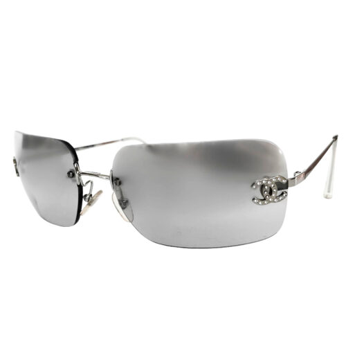 Vintage Chanel Diamante Rimless Sunglasses in Mirrored Silver | NITRYL
