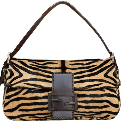Vintage Fendi Zebra Print Ponyskin-Style Calfskin Shoulder Baguette Bag in Tan / Black | NITRYL
