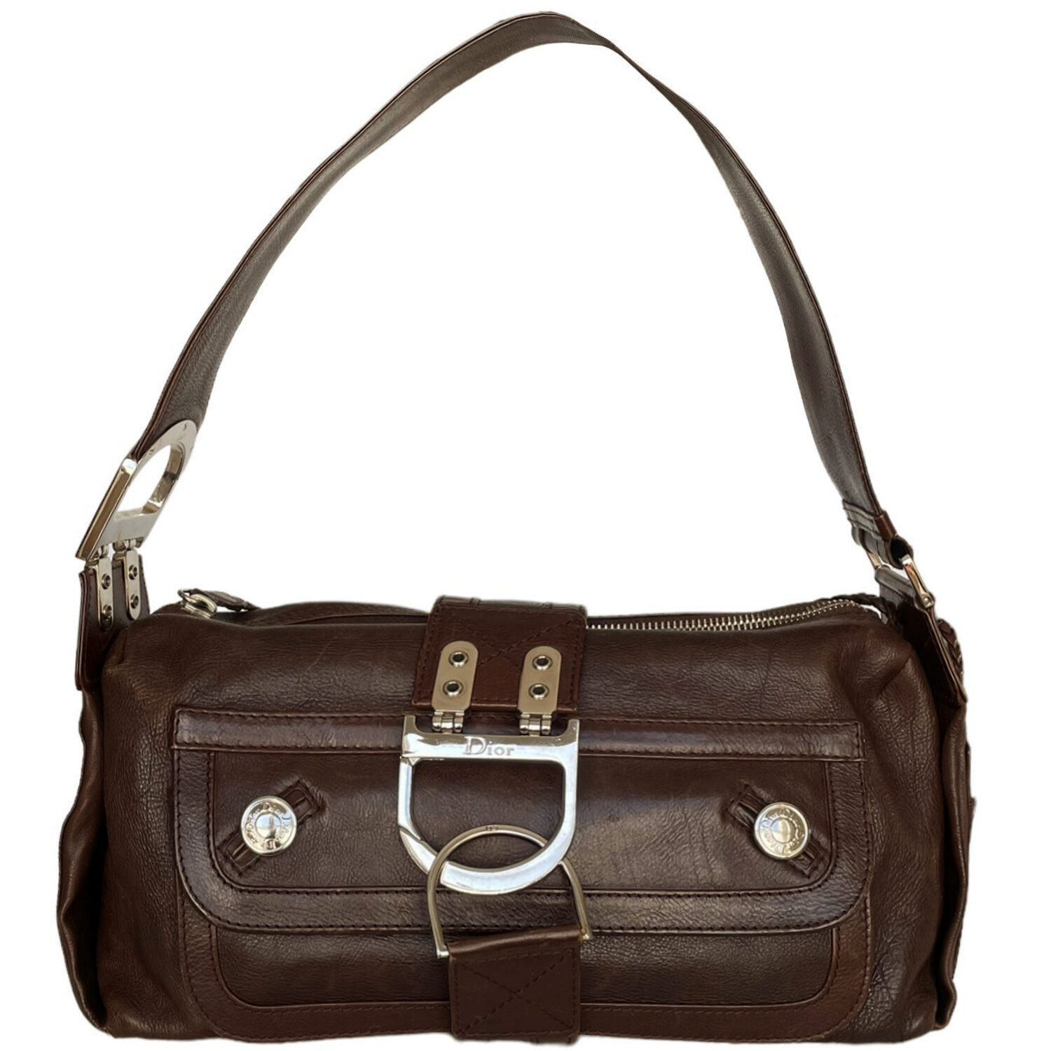 Vintage Dior Leather Flight Shoulder Bag in Brown / Silver | NITRYL