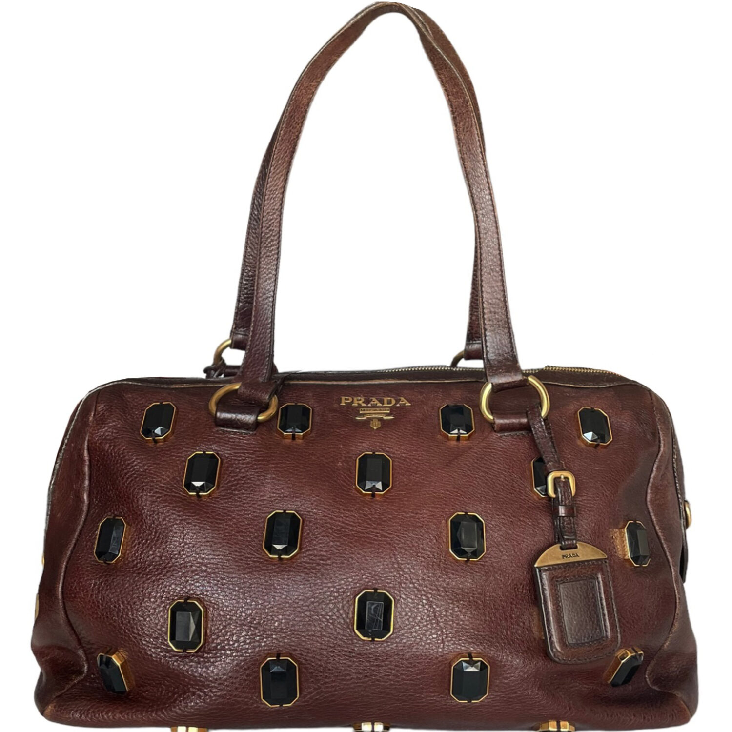 Vintage Prada Jewelled Leather Boston Bag in Brown/ Gold | NITRYL
