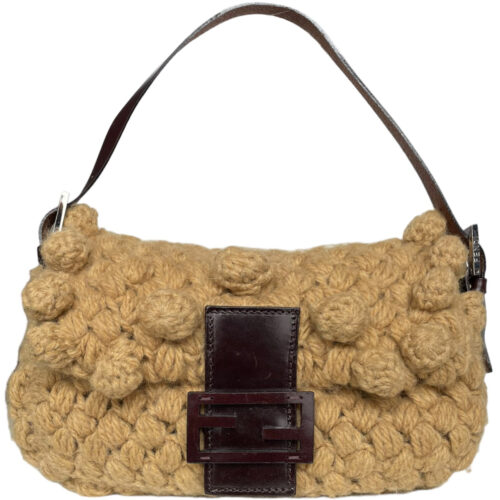 Vintage Fendi Crochet Wool Knitted Shoulder Baguette Bag in Beige | NITRYL