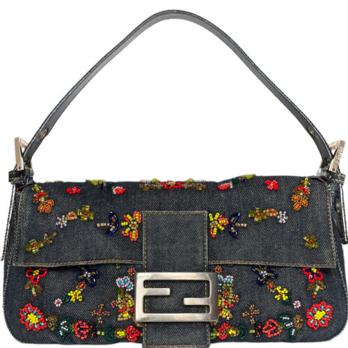 Vintage Fendi Beaded Floral Shoulder Baguette Bag in Denim | NITRYL