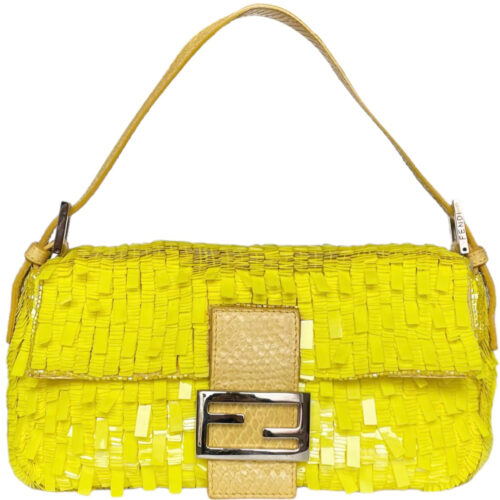 Vintage Fendi Sequin Shoulder Baguette Bag in Neon Yellow with Exotic Leather Detailing | NITRYL