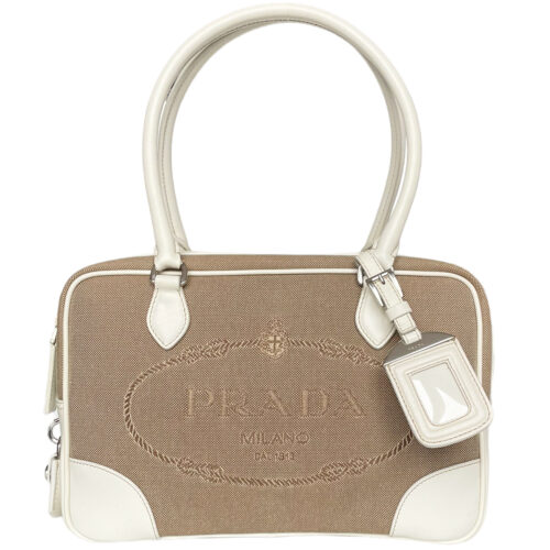 Vintage Prada Logo Jaquard Shoulder Bag in Beige / White | NITRYL