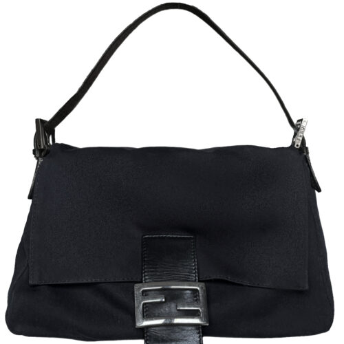 Vintage Fendi Silk Mama Shoulder Baguette Bag in Black / Silver | NITRYL