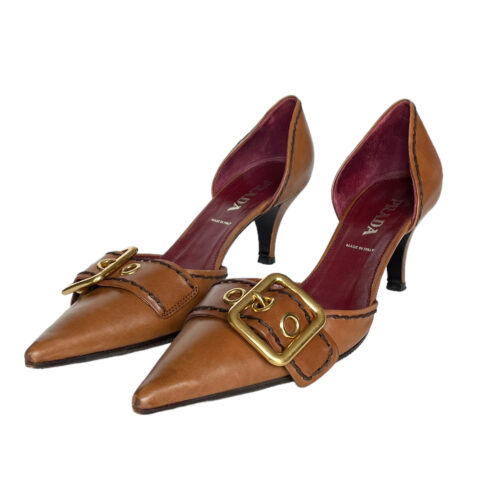 Vintage Prada Buckle Heels in Tan Brown UK 4 | NITRYL