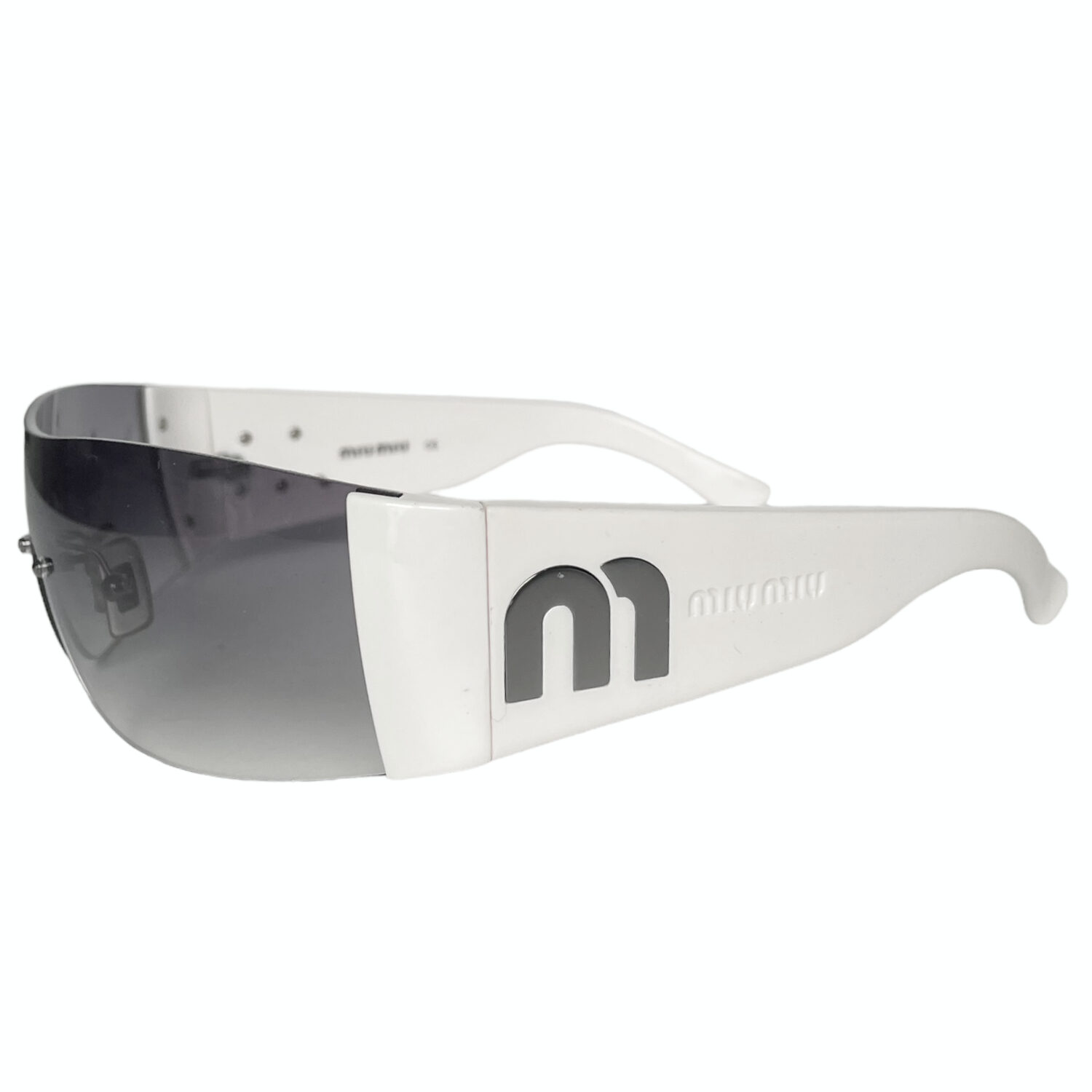Vintage Miu Miu Chrome Logo Wraparound Sunglasses in White / Silver | NITRYL