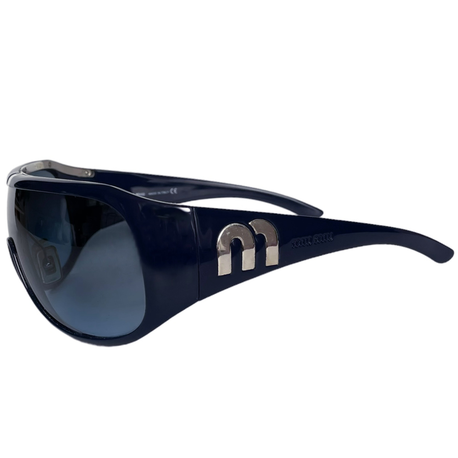 Miu Miu Logo Oversized Wraparound Sunglasses in Blue / Silver – Nitryl