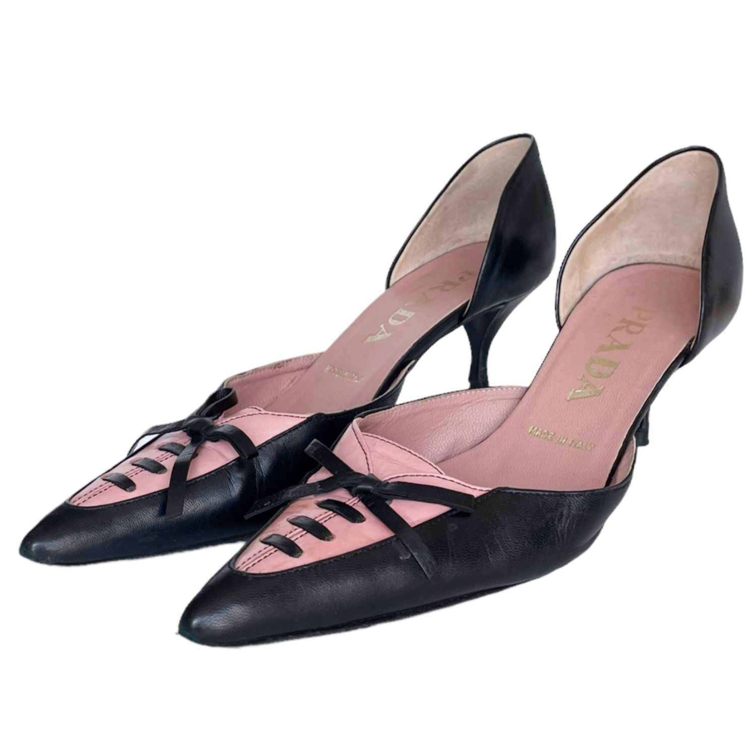 Vintage Prada Bow Kitten Heels in Black / Pink UK 3 | NITRYL