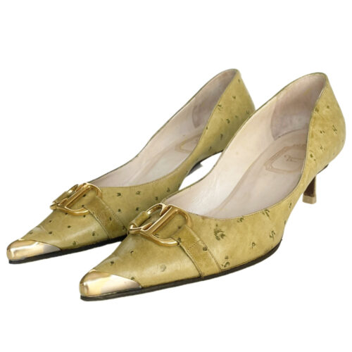 Vintage Dior CD Ostrich Leather Heels in Olive Green / Gold UK 4.5 | NITRYL
