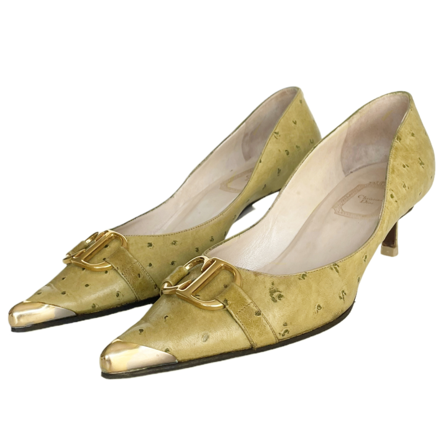 Vintage Dior CD Ostrich Leather Heels in Olive Green / Gold UK 4.5 | NITRYL