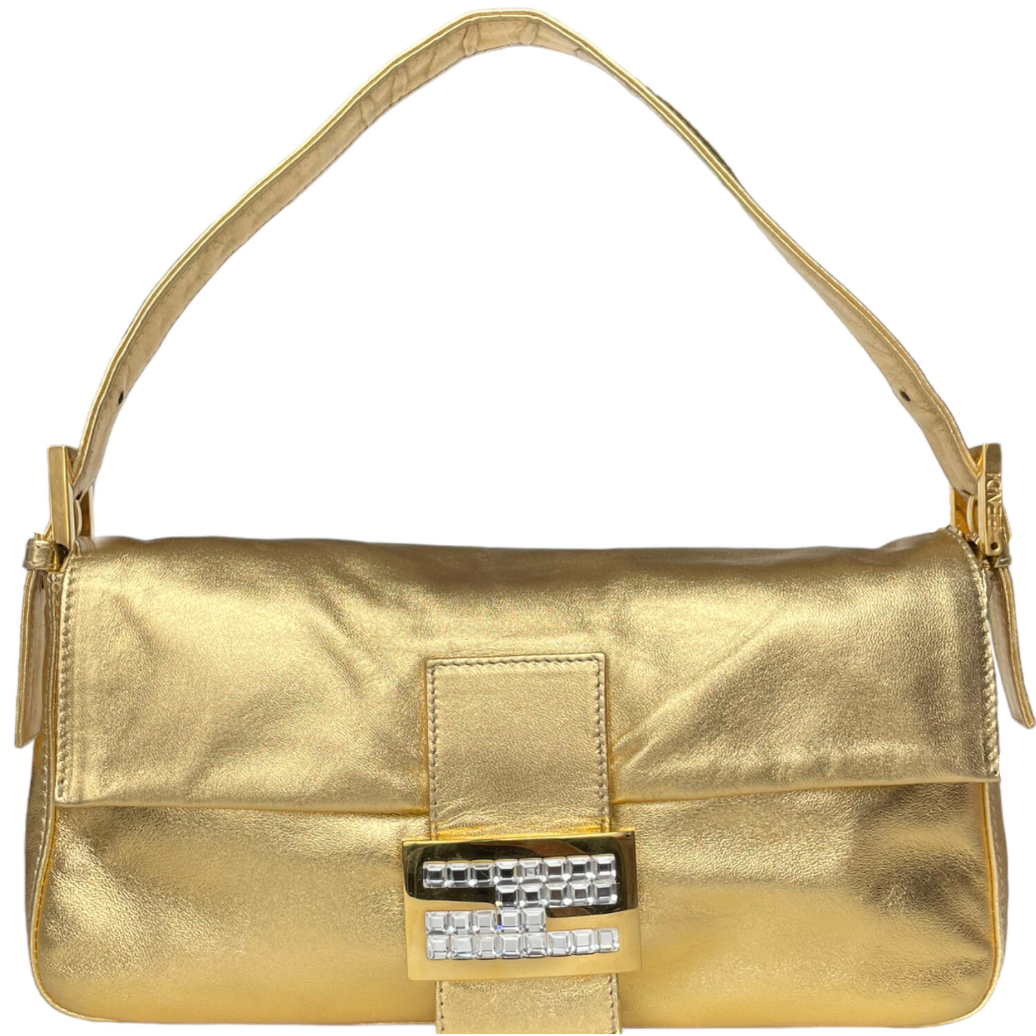 Vintage Fendi Leather Gold Shoulder Baguette Bag with Crystal Encrusted Clasp | NITRYL