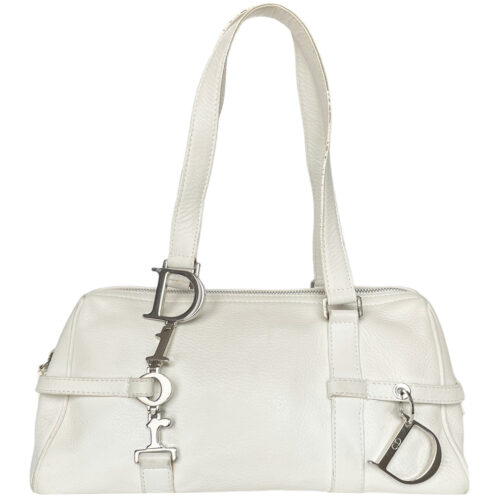 Vintage Dior Leather Shoulder Bag in White with Silver Spellout Strap | NITRYL