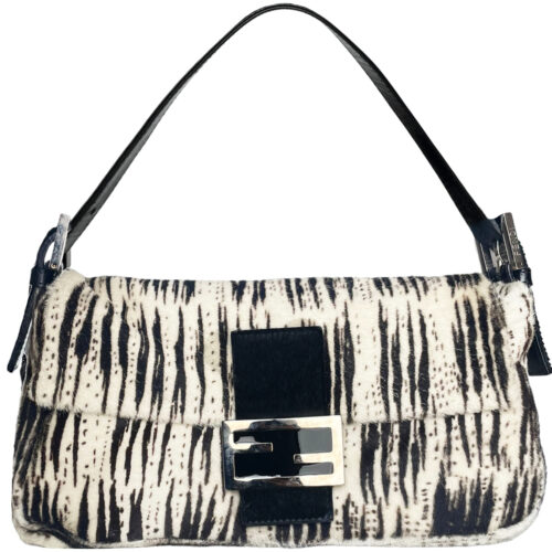 Vintage Fendi Calfskin Striped Shoulder Baguette Bag in White / Black | NITRYL