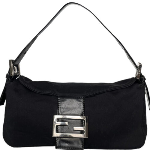 Vintage Fendi Silk Shoulder Baguette Bag in Black / Silver | NITRYL