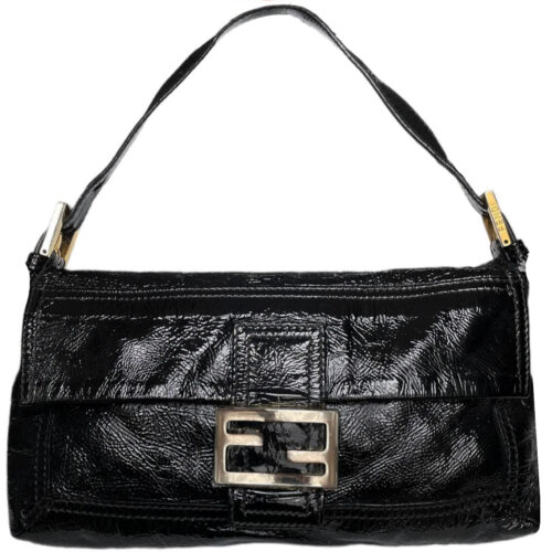 Vintage Fendi Patent Leather Shoulder Baguette Bag in Black / Gold | NITRYL