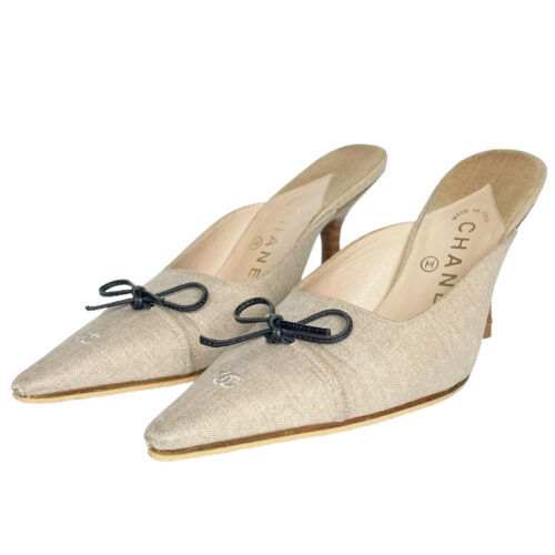 Vintage Chanel Logo Bow Linen Mule Heels in Beige UK 3 | NITRYL