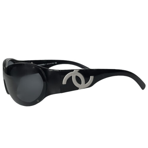 Vintage Chanel Logo Wraparound Sunglasses in Black / Silver | NITRYL
