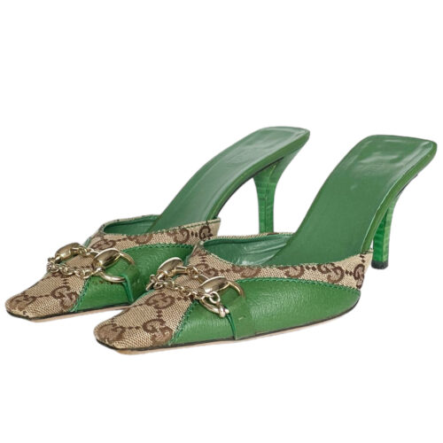 Vintage Gucci Monogram Horsebit Mules Heels in Beige / Green / Gold UK 3 | NITRYL