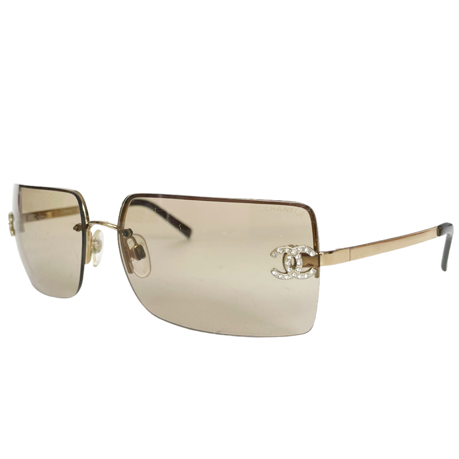 Chanel Diamante Rimless Sunglasses in Brown / Gold Nitryl