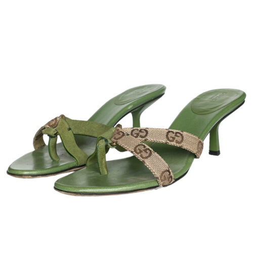 Vintage Gucci Monogram Strappy Heels in Beige / Green UK 4 | NITRYL