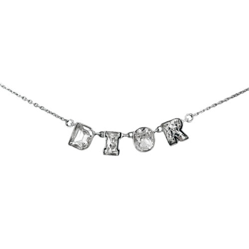 Vintage Dior Crystal Spellout Necklace in Silver | NITRYL