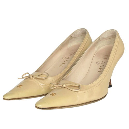 Vintage Chanel Logo Bow Heels in Beige / Gold UK 4 | NITRYL