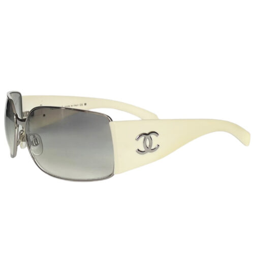 Vintage Chanel Logo Wraparound Sunglasses in White / Silver | NITRYL