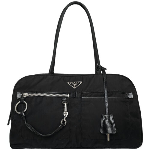 Vintage Prada Nylon Zip Pocket Shoulder Bag in Black / Silver | NITRYL
