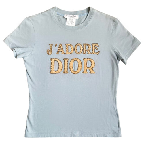 Vintage Dior 'J'Adore' Patchwork T-Shirt Top in Baby Blue UK 12 | NITRYL