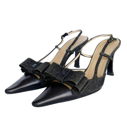 Vintage Chanel Bow Logo Slingback Heels in Black / Denim UK 4.5 | NITRYL
