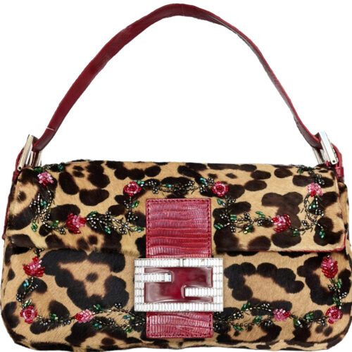 Vintage Fendi Leopard Print Floral Beaded Shoulder Baguette Bag with Exotic Leather Detailing and Swarovski Encrusted Hardware | NITRYL