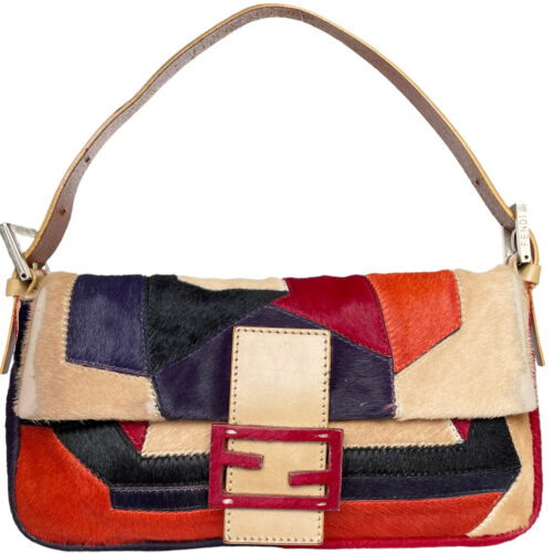 Vintage Fendi Patchwork Calfskin Shoulder Baguette Bag in Beige / Red | NITRYL