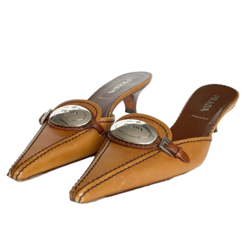 Vintage Prada Logo Mule Heels in Brown / Silver UK 2.5 | NITRYL