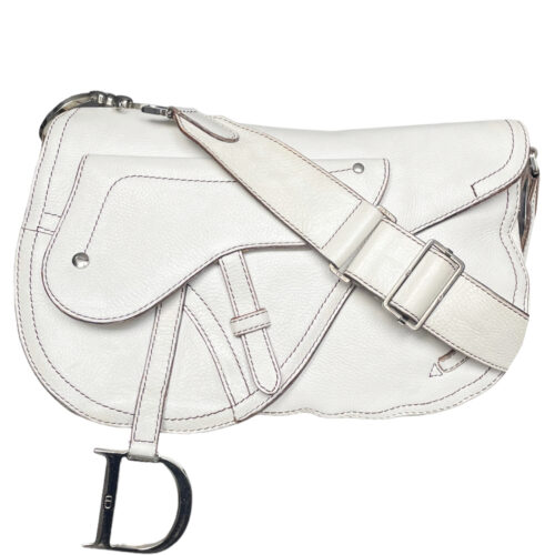 Vintage Dior Leather Saddle Shoulder Bag in White / Silver | NITRYL