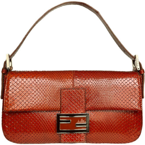 Vintage Fendi Python Snakeskin Shoulder Baguette Bag in Orange | NITRYL