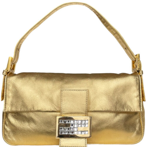 Vintage Fendi Leather Crystal Encrusted Shoulder Baguette Bag in Gold | NITRYL