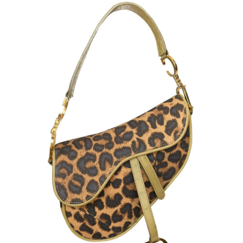 Vintage Dior Leopard Print Mini Saddle Bag in Brown / Green with Ostrich Skin Detailing | NITRYL