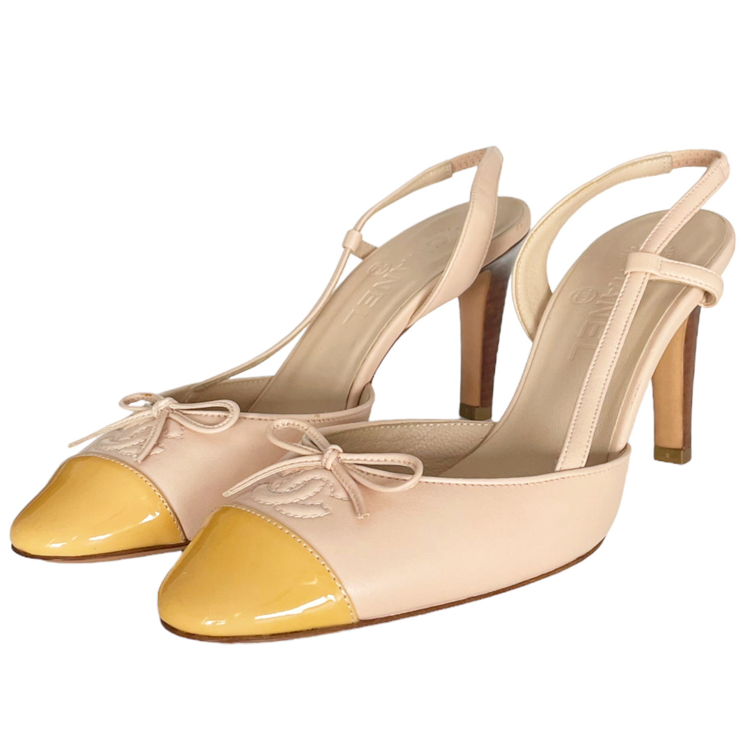 Chanel Logo Bow Heels in Baby Pink / Yellow UK 4.5