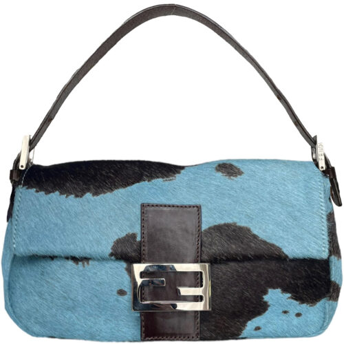 Vintage Fendi Cow Print Calfskin Shoulder Baguette Bag in Blue / Brown | NITRYL