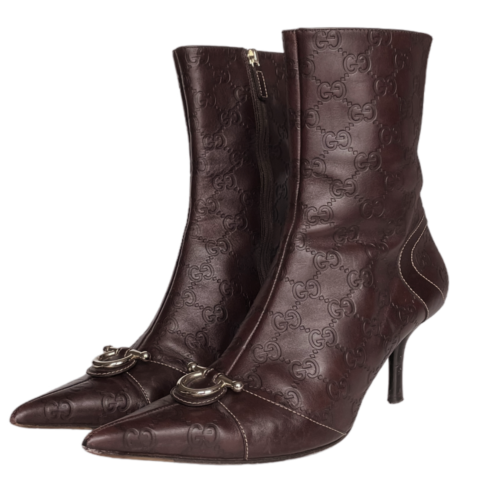 Vintage Gucci Monogram Heeled Boots in Brown / Gold UK 3 | NITRYL
