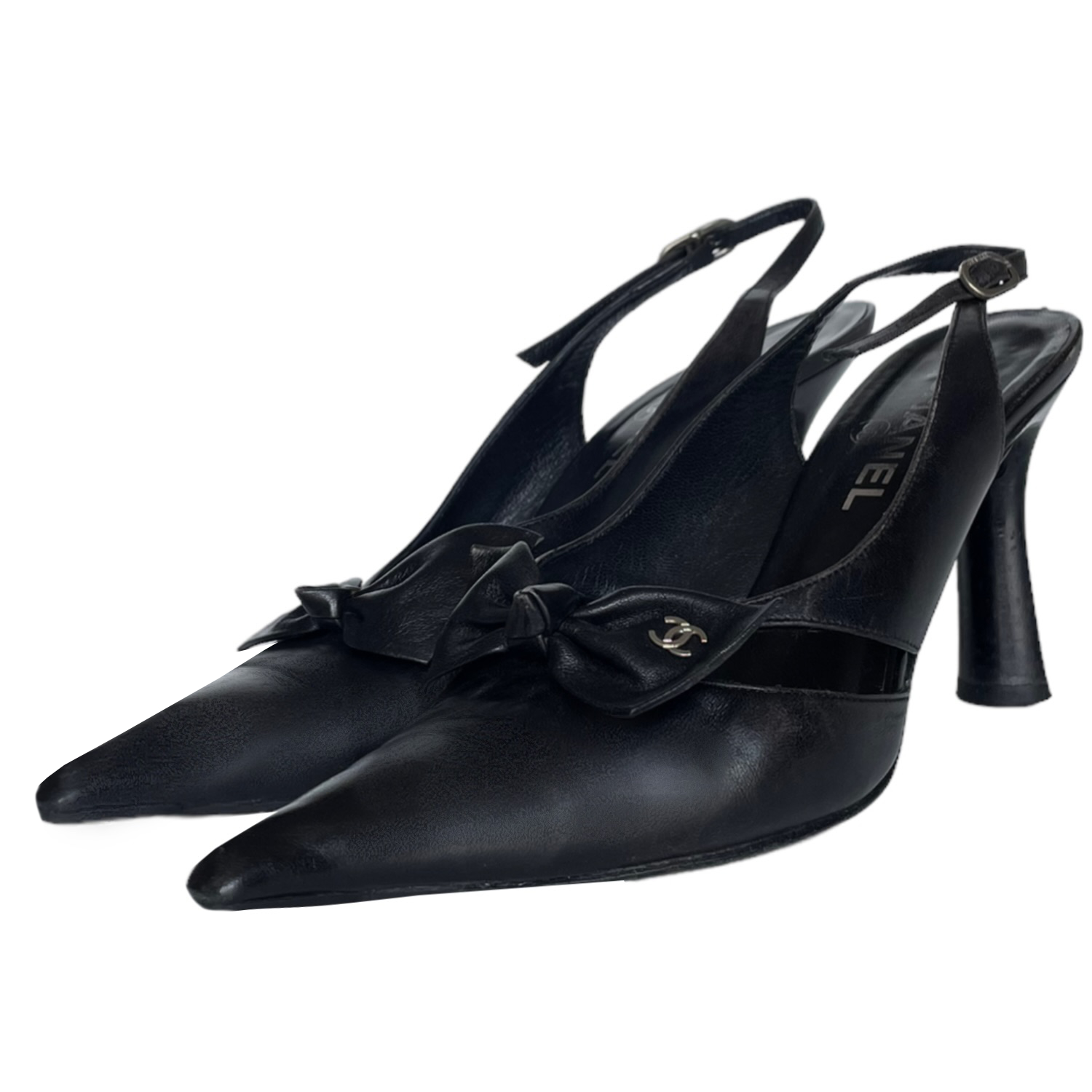 Vintage Chanel Bow Logo Slingback Heels in Black UK 4.5 | NITRYL