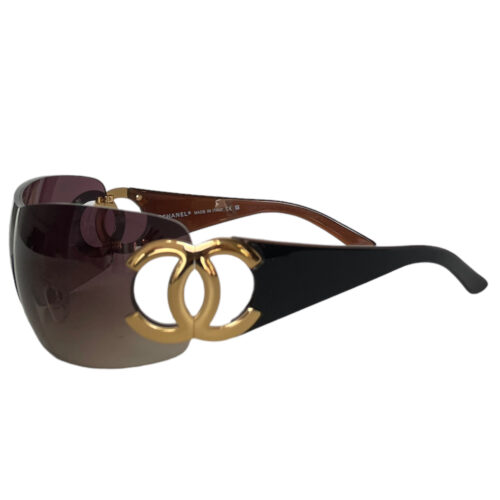 Vintage Chanel Logo Wraparound Sunglasses in Brown / Gold | NITRYL